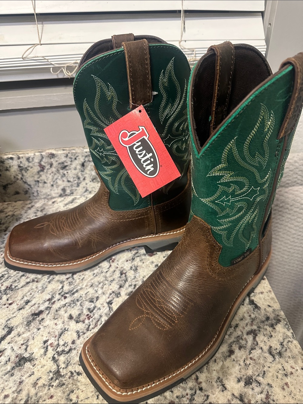 Justin Boots Brown Leather Cowboy Boots with Green Embroidered Shaft
